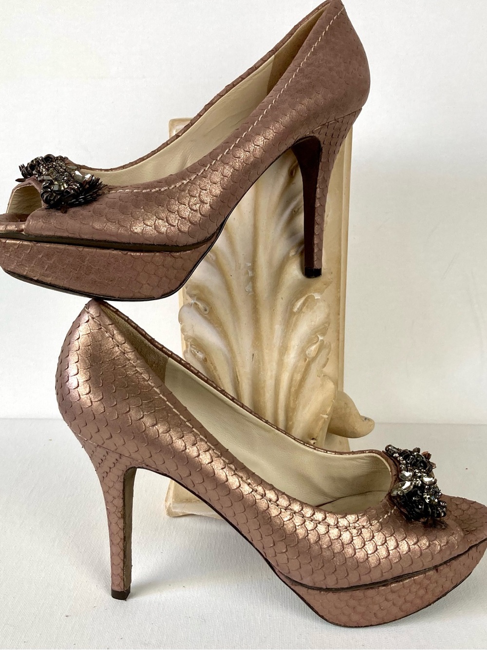 Vera Wang Metallic Blush Pink Jeweled Peep-Toe Heels - Picture 3 of 7